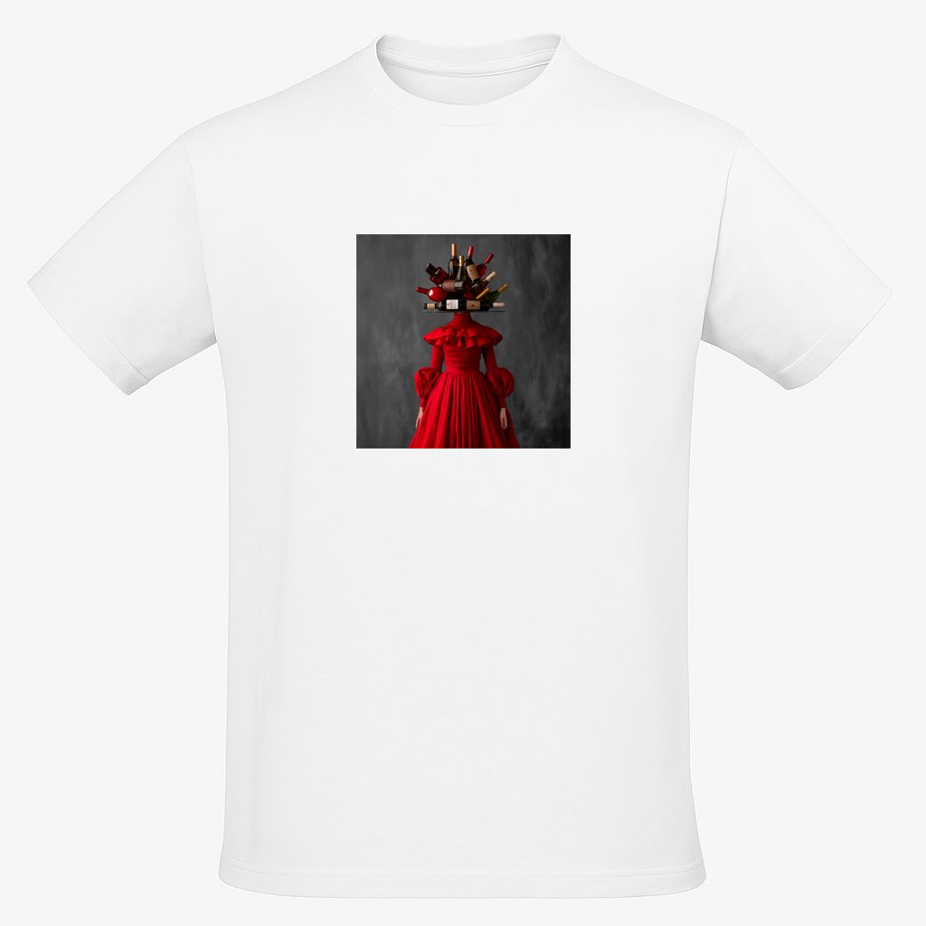 White unisex T-shirt with AI-generated wine couture print from M2ArtWear