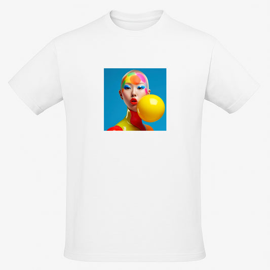 White unisex T-shirt with AI-generated Pop Fiction print from M2ArtWear